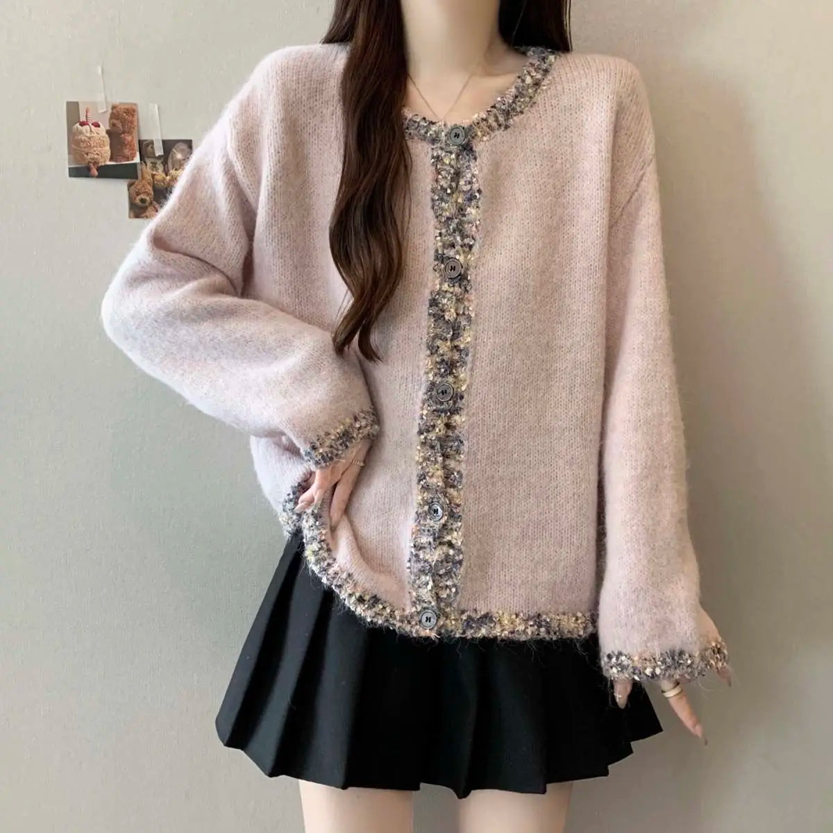 Pailletten-Strickjacke für Damen, Herbst und Winter, lockeres Schlankheitsoberteil