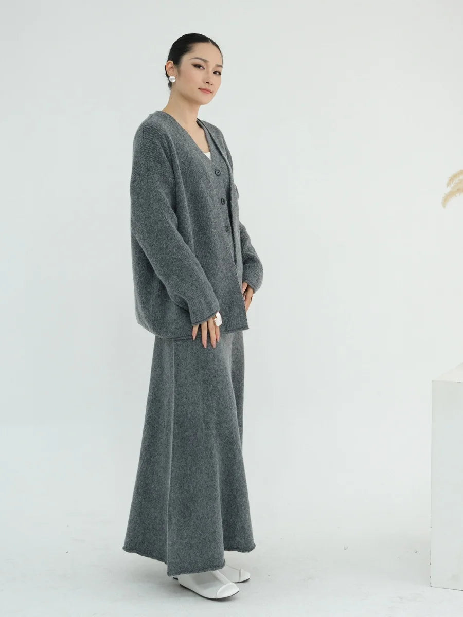 Muslim Women Dubai Abayas Dress Modest Winter Thick Knitted Set Solid Color Three Piece Set Islam Robe Femme Kaftan Clothing set.