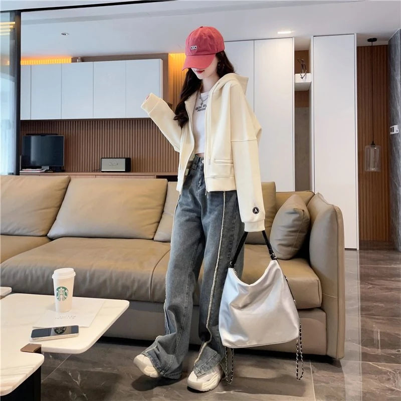 Hoodies Sweatshirt for Women Cropped Full Zip Up 2025 Trend 2000s Y2k Style Dropshiping Matching with Zipper Woman Hooded Tops.