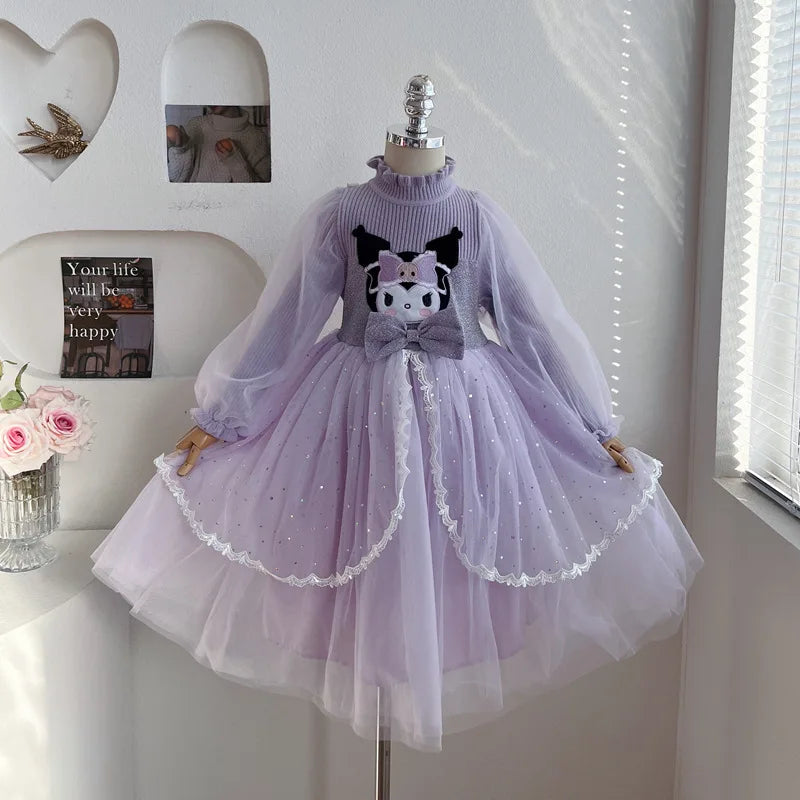 Anime Kuromi Lolita Kleid und Umhang Set Strickpullover Spleißen Mesh Prinzessin Kleid Partykleid Herbst Winter Urlaub Geschenk