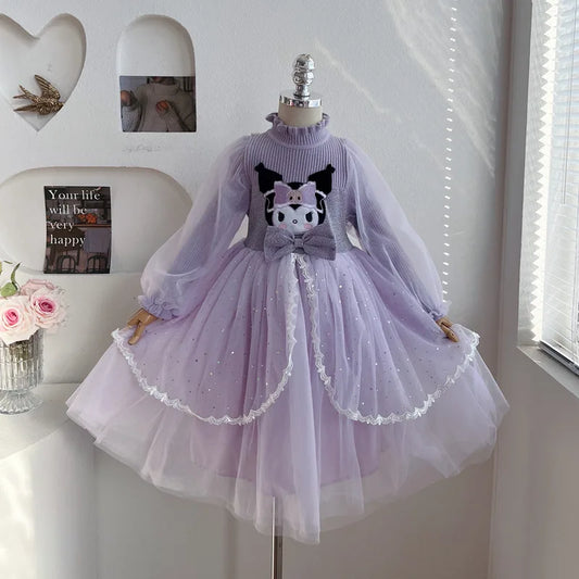 Anime Kuromi Lolita Kleid und Umhang Set Strickpullover Spleißen Mesh Prinzessin Kleid Partykleid Herbst Winter Urlaub Geschenk