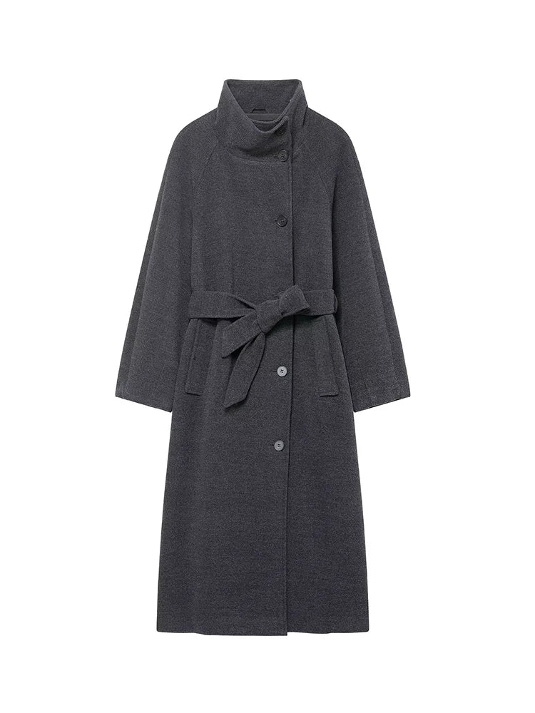 TFMLN Lange Mäntel für Damen mit Stehkragen, 2025, Winter, neuer Trenchcoat mit Gürtel, Vintage, einfache Oberbekleidung, elegante Mode, weiblich
