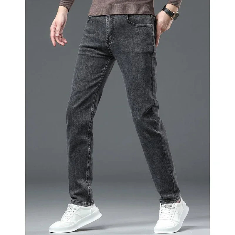 Men Business Denim Pants Male Classic Casual Straight Leg Slim Fit Trousers Elastic Solid Smoke Gray Pants.