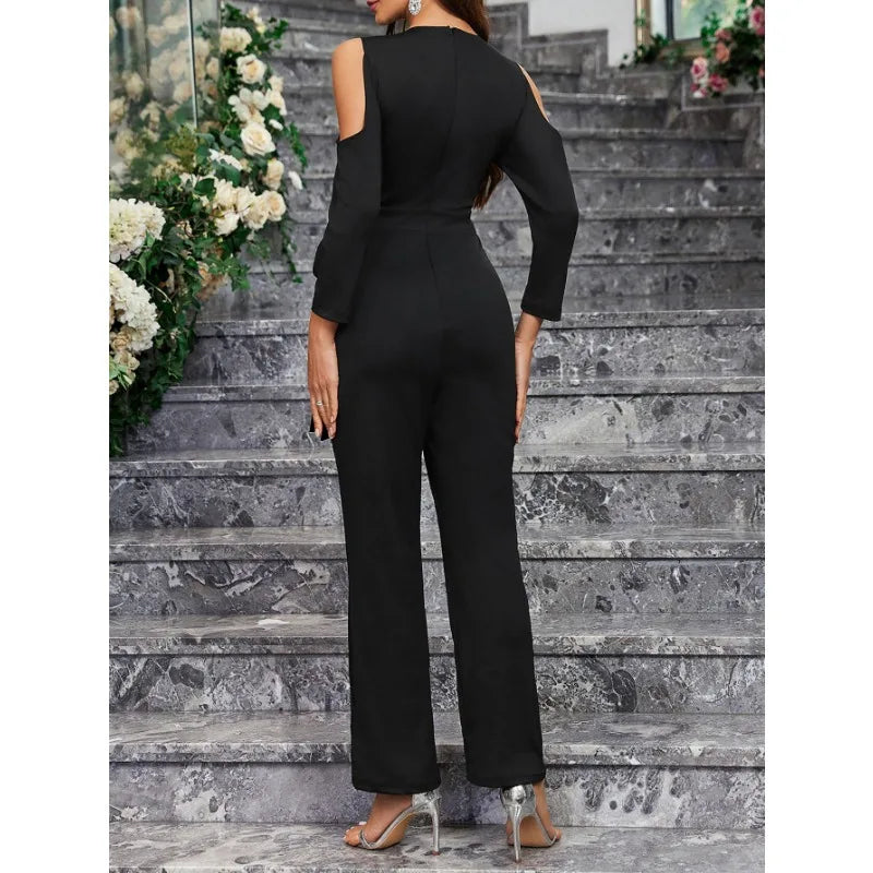 2025 Elegant Spring Summer Women Corset Jumpsuit Overalls Sexy Long Sleeve V Neck Sequins Straight Trousers Romper Onepieces.