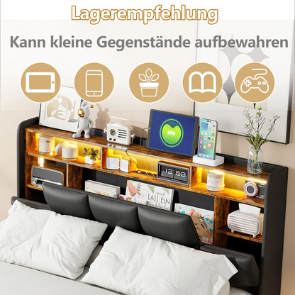 Lazyspace Modernes PU-Polsterbett, Doppelbettgestell, hydraulisches Bett mit Stauraum, Kopfteil mit LED-Licht und Ablagefach