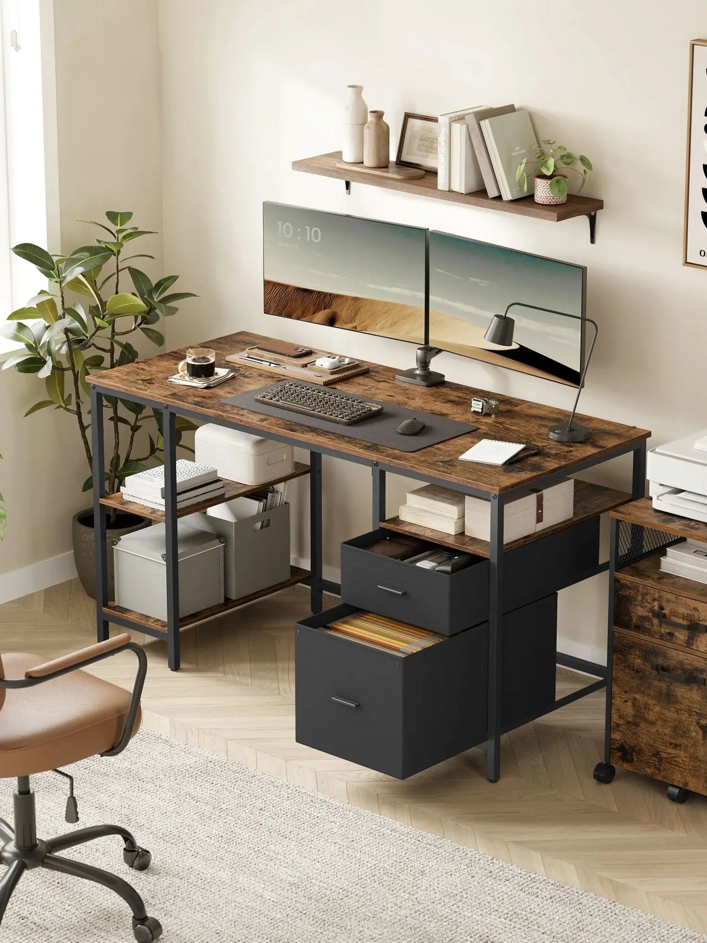 VASAGLE Computertisch, Bürotisch, Schreibtisch, mit 3 Ablagen, 2 Schubladen, 60 x 140 x 76 cm, fürs Büro, Wohnzimmer