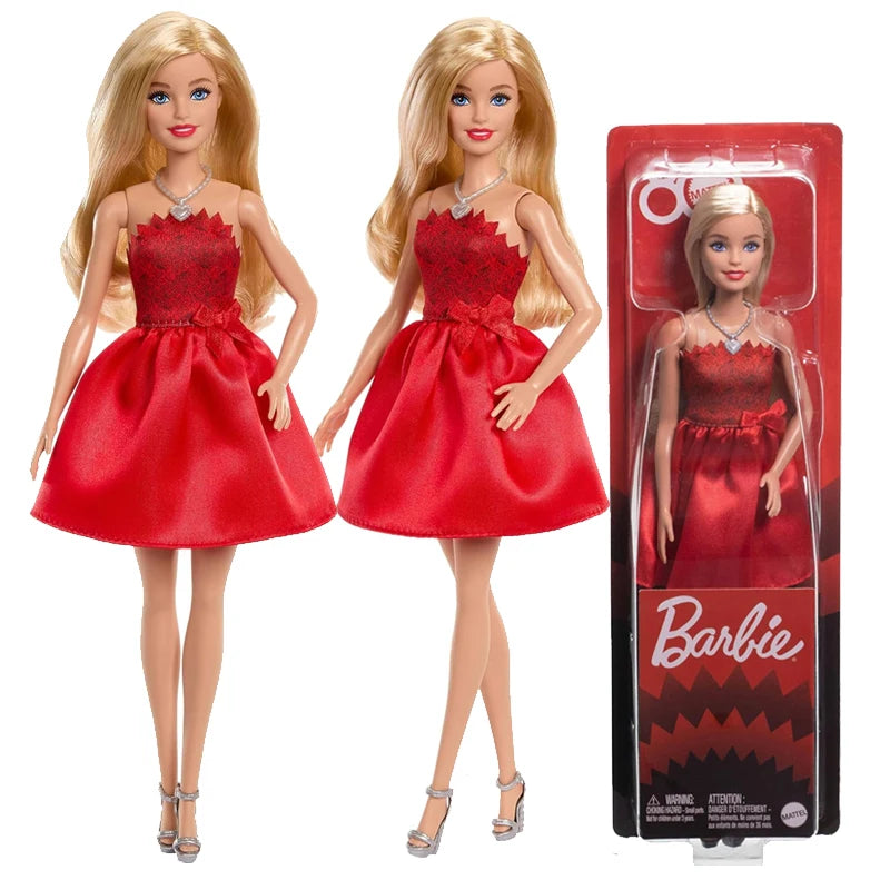 Original Barbie Mattel Fashionistas 80th Anniversary Doll Celebration Red Dress Blonde Necklace Accessories 1/6 Girls Toys Gifts.
