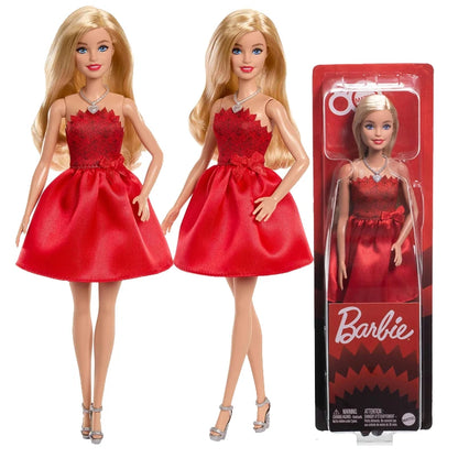 Original Barbie Mattel Fashionistas 80th Anniversary Doll Celebration Red Dress Blonde Necklace Accessories 1/6 Girls Toys Gifts.