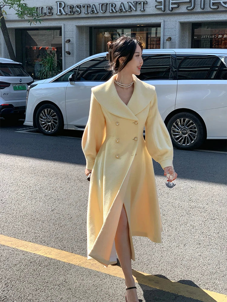 Mode frauen Lange Mäntel Winter Neue Oberbekleidung Revers Zweireiher Laterne Hülse Solide Vintage Chic Woolen Mäntel.