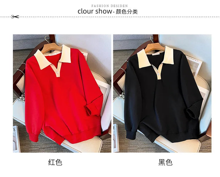 170kg plus size Damen büste Herbst lose Revers Langarm Sweatshirt schwarz rot 6xl 7xl 8xl 9xl 10xl 11xl