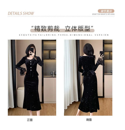 VigoAnne 2025 Black Long Sleeve Top And High Waist Korean Skirt 2 Piece Sets Woman Spring Autumn Velvet Long Dress Suit Ladies.