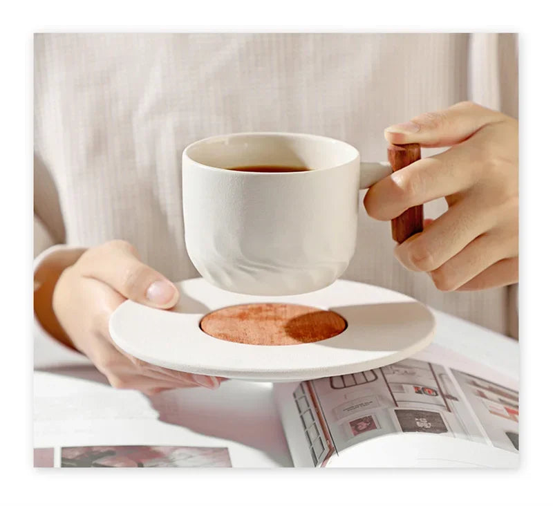 Blue Retro Ceramic Coffee Cup with Saucer 130ml Wooden Handle Tea Water Cup Filter Tea Mug Handmade Frosted Tea Coffee Cup Gift.