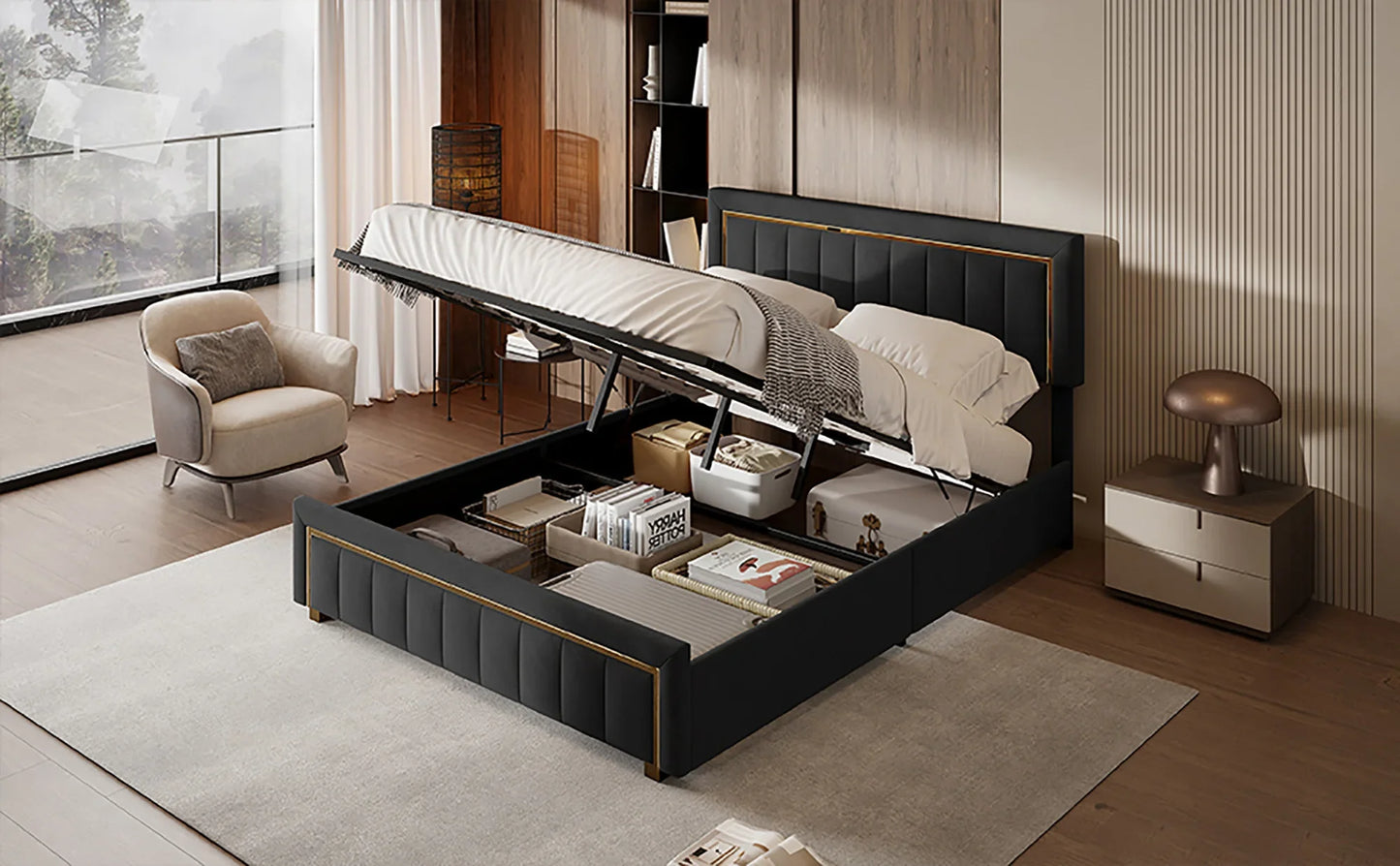 Lazyspace Elegantes Hydraulikbett, samtstoff gepolstertes Doppelbettgestell, mit Stauraum, Bettkasten, Kopfteil mit Lattenrost