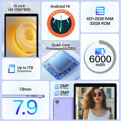 Latest Android 14 Tablet, 10-inch Tablet, Quad-core Processor, 5G WiFi, 4GB ROM + 32GB RAM, 1280*800 Resolution, 8000mAh Battery.