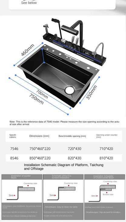 Großes Einzelschlitz-Wasserfallspülbecken aus Edelstahl 304, Digitalanzeige, geprägtes Waschbecken, Haushaltswaschbecken