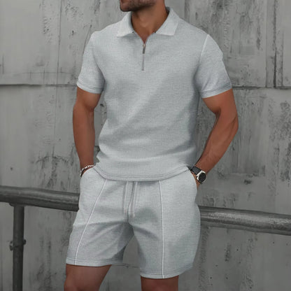 Men's Sportswear set, men's Zipper Polo Shirt set, 3D Printed Casual Zipper Polo Shirt + Shorts 2-piece Business Sportswear Set.