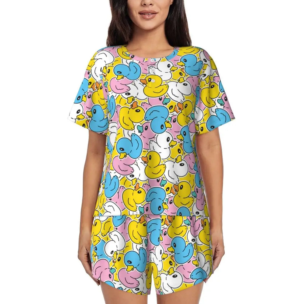 Benutzerdefinierte Frauen Gelb Klassische Gummi Ente Pyjamas Set Gedruckt Zwei-stück Pj Sets Kurzarm Nachtwäsche Loungewear