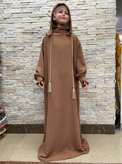 Kids Cotton Islamic Dress Full Cover Robe for Muslim Girls with Two-Hat Turkey Diamond Abaya New Eid Ramadan Prayer Garment.