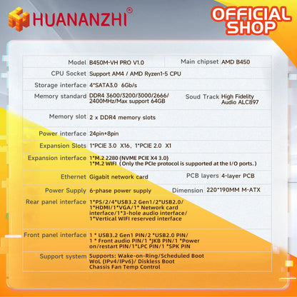 HUANANZHI AMD B450M VH PRO Gaming Motherboard USB3.0 M.2 Nvme Sata3 Supports Ryzen 5500 5600 5600G CPU.