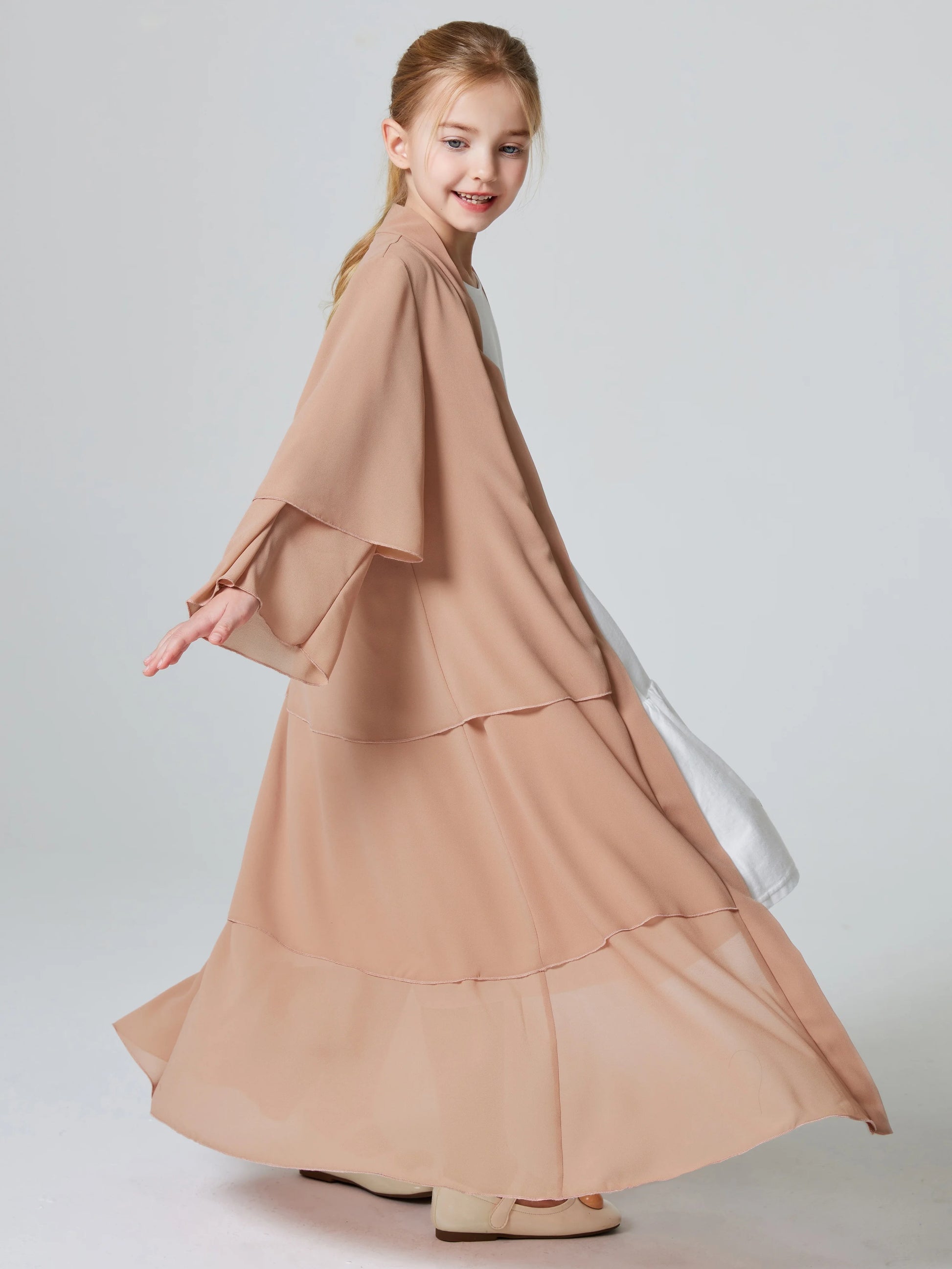 Ramadan Kebaya Muslim Girls Abaya 3 Layered Chiffon Kids Abaya Dress Open Front   Outerwear (Without Hijab).