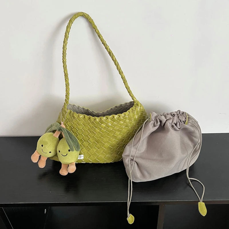PU Hand-Woven women's Bag, Vegetable Basket Sailboat Bucket bag, Casual Vacation Handbag Shoulder Bag.