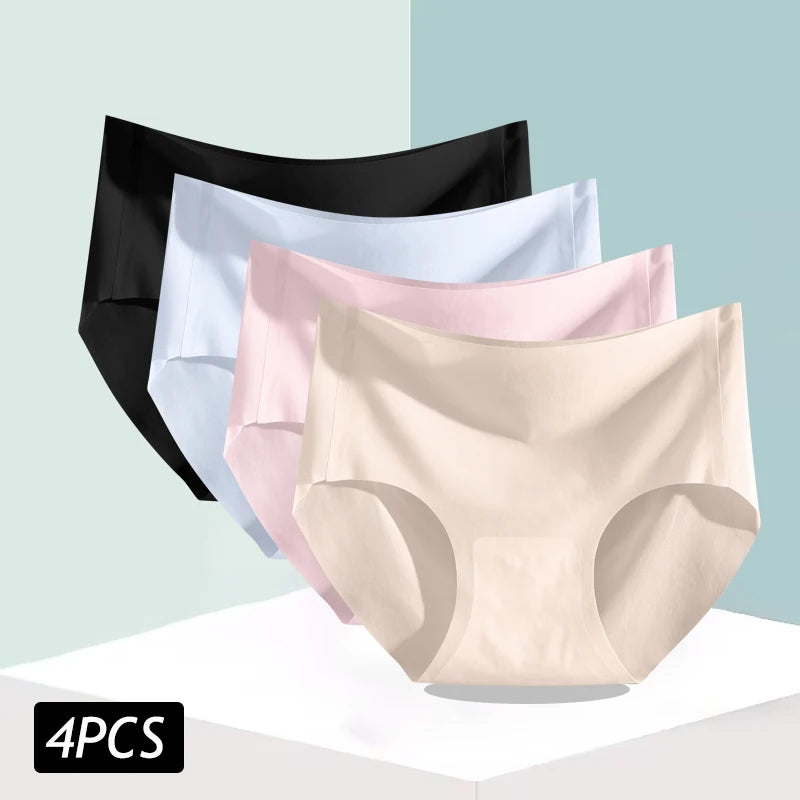 4PCS/Set Women's Ice Silk Seamless Panties Ultra Thin Briefs Breathable Underwear Female High Waist Intimates Lingerie Plus Size