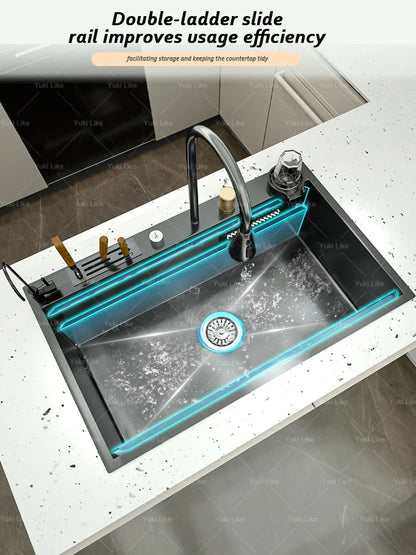 New Stainless Steel Kitchen Sink with Waterfall  Large Single Slot Various Multifunctional Sinks Dish and Vegetable Wash Basin