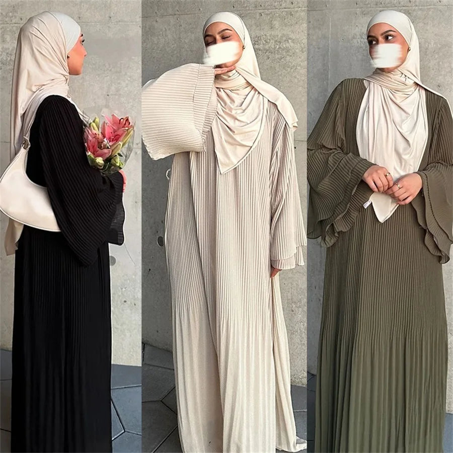 Siskakia Ramadan-Muslim Solid Wrinkle Dresses For Women's Dubai  Moroccan Petal Sleeve Abayas O-Neck Elegant Kebaya 2024.