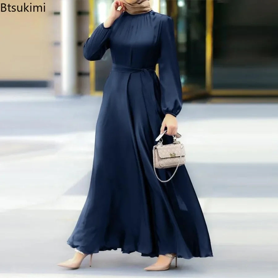 Elegantes Maxikleid für Frauen, solide Laternenärmel, Party-Abendkleid, modische Schnürung, lange Röcke, muslimische Abayas, Dubai, Robe Femme.