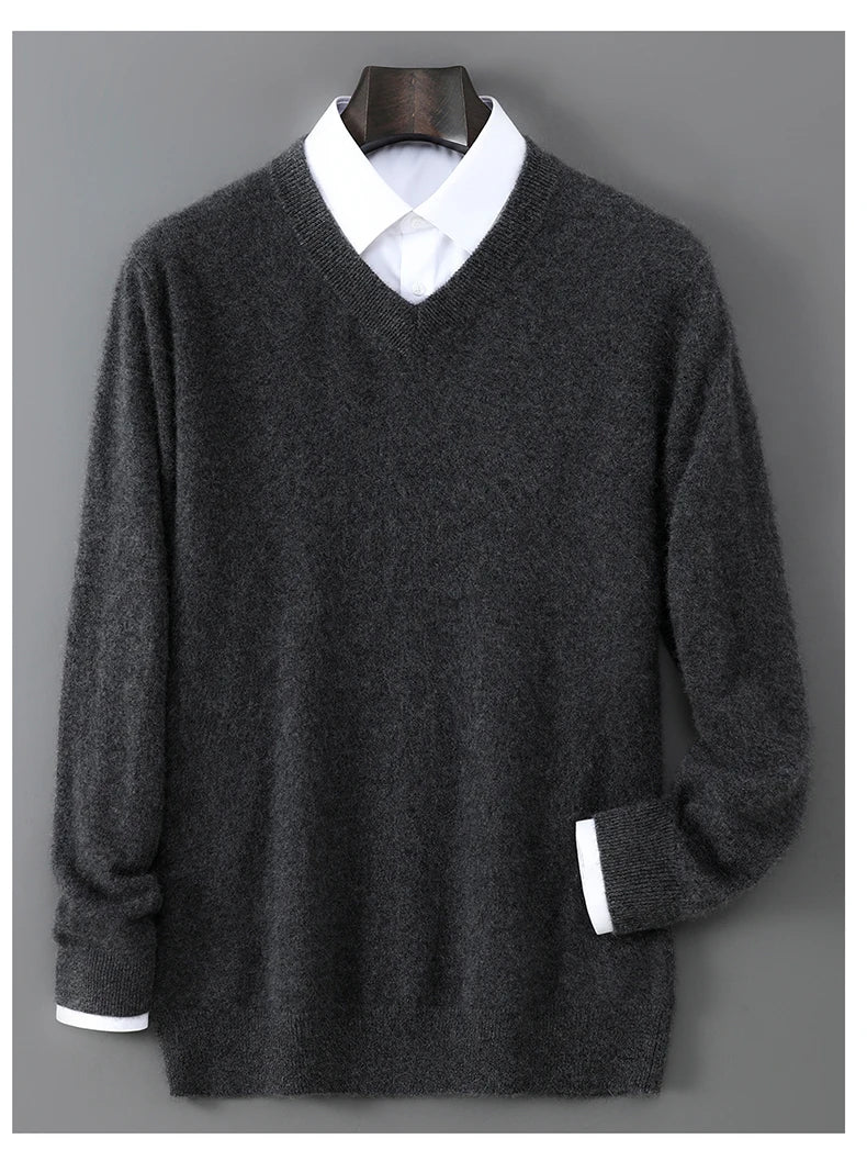 2025 Autumn Winter New Men's Wool Sweater Solid Color V-Neck Pullover Sweater Casual Loose Business Knit Plus Size Base Sweaters