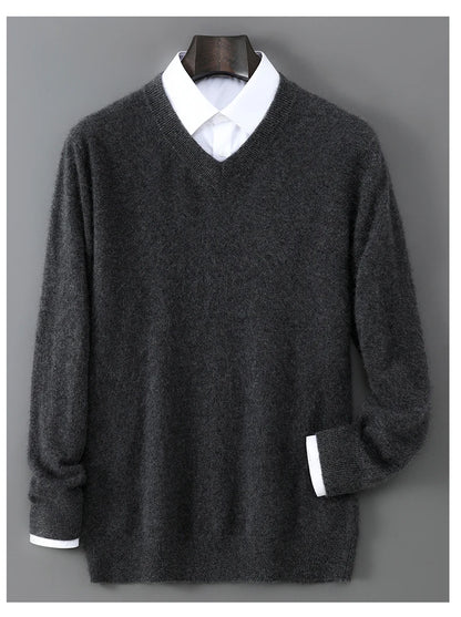 2025 Autumn Winter New Men's Wool Sweater Solid Color V-Neck Pullover Sweater Casual Loose Business Knit Plus Size Base Sweaters