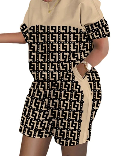Women Casual Short Sleeve Outfit 2024 Summer Fashion Letter Printed O Neck Pocket Suit Female T Shirt Top Shorts Two Pieces Set