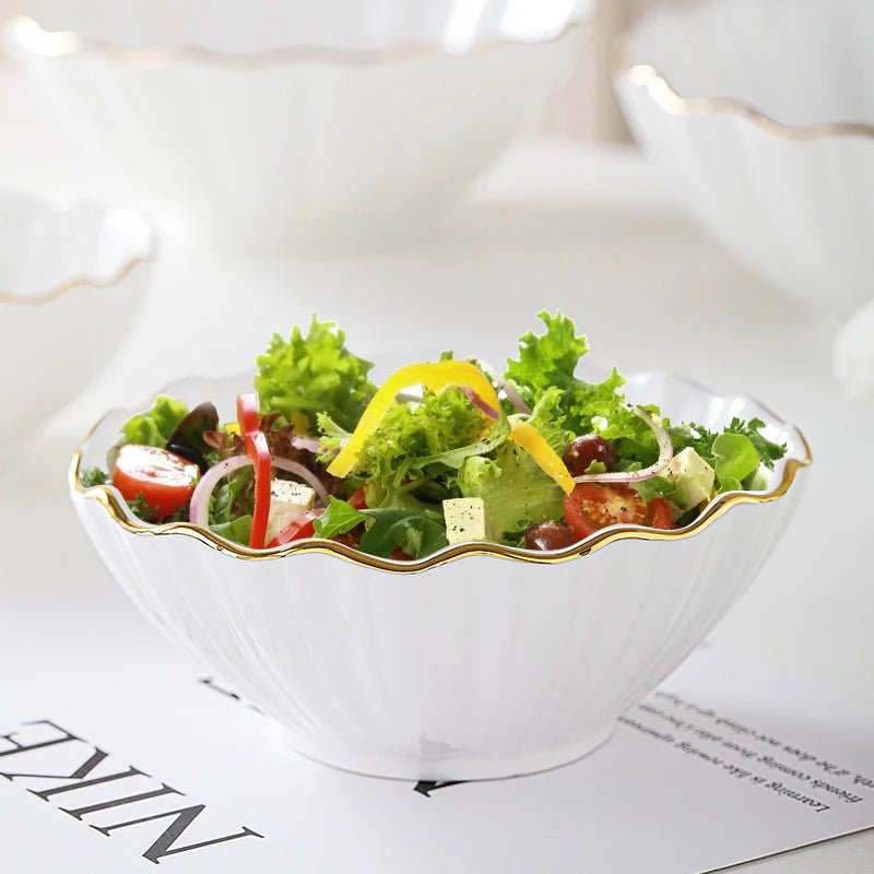 European high-end gold edged ceramic bowl, fruit salad bowl, household breakfast rice noodle bowl, hotel restaurant tableware.