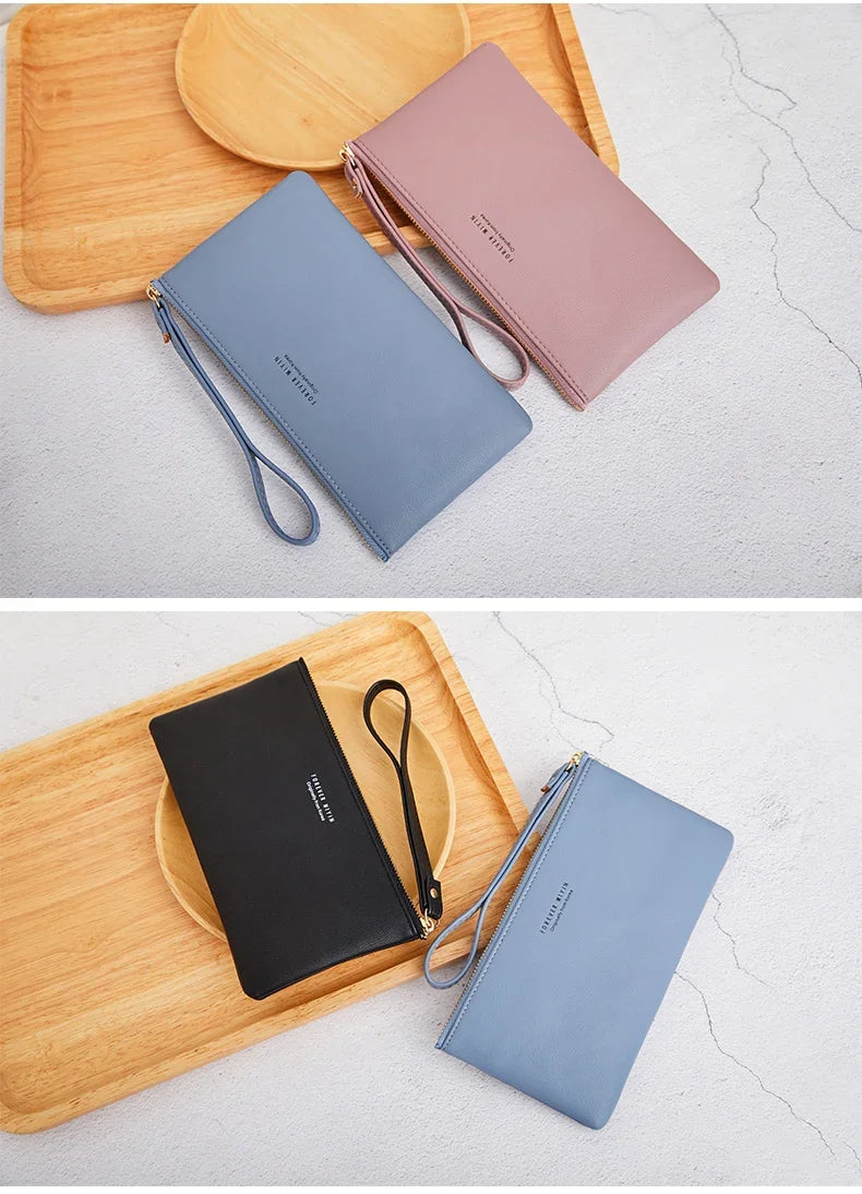 MIYIN Simple and Fashionable Women's Ultra Thin Long Wallet Solid Color PU Leather Zipper Wallet Large Capacity Portable Handbag.