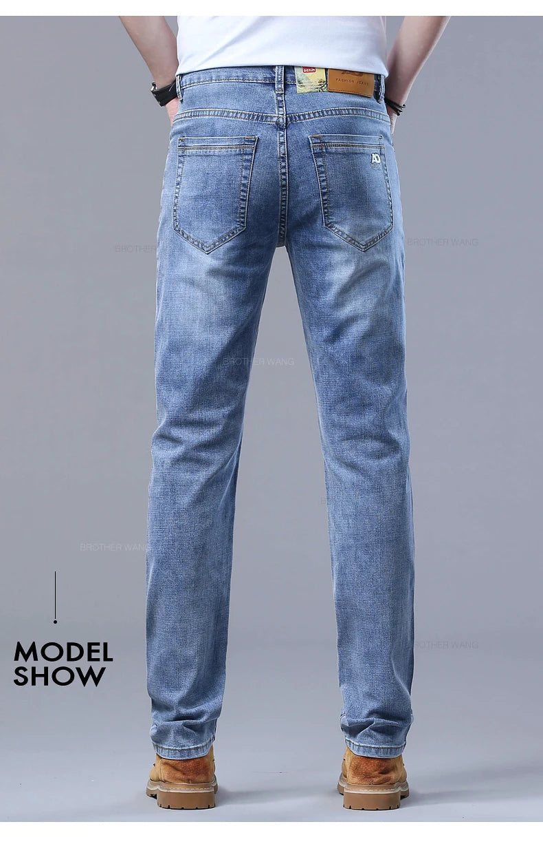 Spring Men's Light Blue Slim Jeans Stylish Casual Stretch Fabric Denim Pants Classic Trousers Smoke Gray.