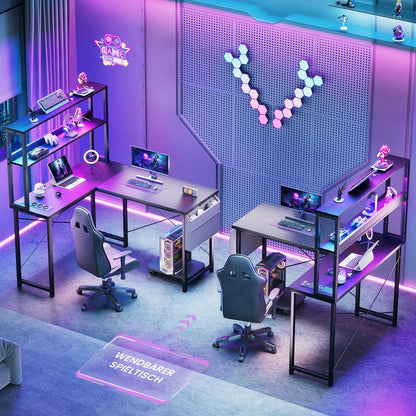 L-förmiger Gaming Schreibtisch mit LED Beleuchtung Doppelregal USB Steckdosen Büro Computertisch