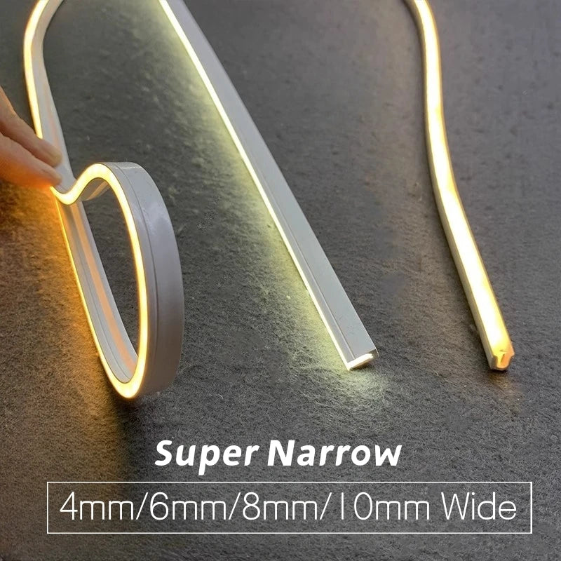 4/6/8/10mm Narrow LED Neon Silicone Tube Rope Lamp Recessed DC12V Flexible Waterproof Diffuser Cabinet Closet Ribbon Strip Light.