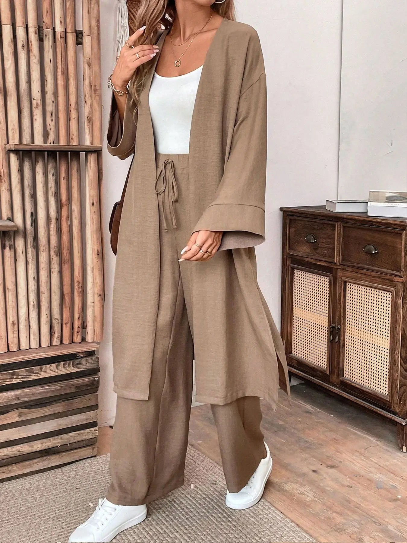 Clothes Autumn open-collar Solid Color Long Loose Top + Drawstring Wide-leg Trousers Trajes De Mujer Conjunto 2 Piezas Elegantes.