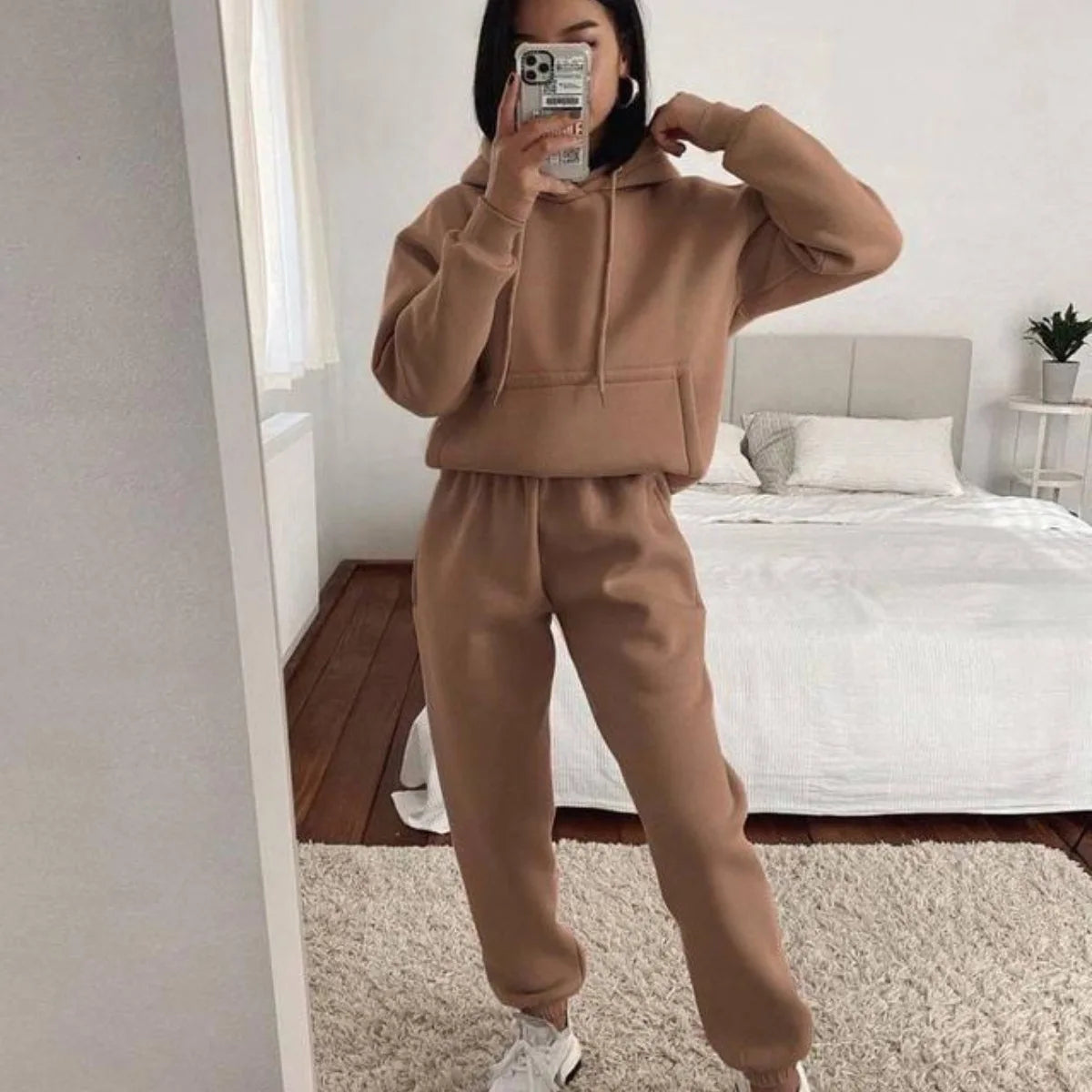 Women's Pocket Long-sleeved Hooded Sweatshirt Casual Set Autumn Winter New Solid Color Loose Sport Long Pants 2 Piece Set Female.