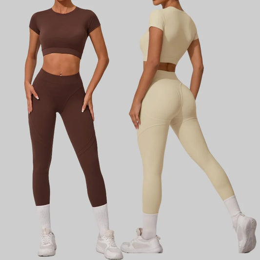 Seamless Yoga Sets Sports Fitness High Waist Hip Lift Tight Breathable Tracksuit Workout Clothing Gym Leggings Suit for Women.