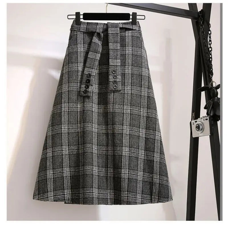 Khaki Plaid Vintage A-line High Waist Lace Up Buttons Loose Women's Skirt Mid-Calf Long Skirts For Women Clothing Fashion 2024.