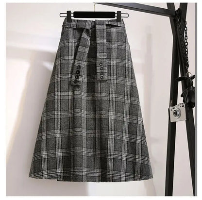 Khaki Plaid Vintage A-line High Waist Lace Up Buttons Loose Women's Skirt Mid-Calf Long Skirts For Women Clothing Fashion 2024.