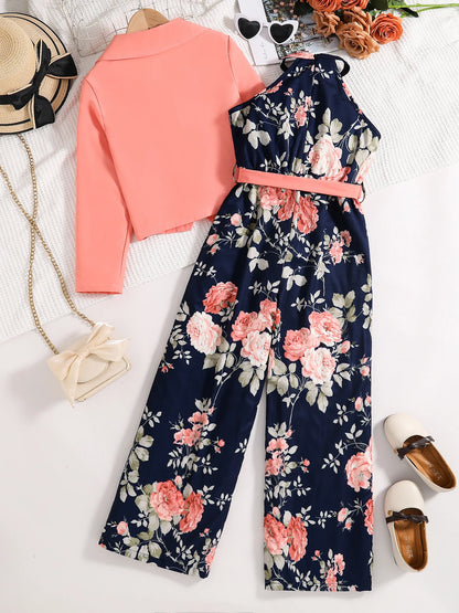 Spring and summer girls fashion outdoor leisure vacation 2-piece pink suit + loose halter high waist one-piece pants dress set.