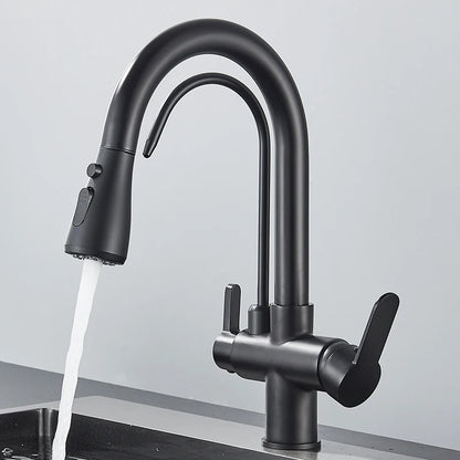 Quyanre Matte Black Filtered Crane For Kitchen Pull Out Spray 360 Rotation Water Filter Tap Three Ways Sink Mixer Kitchen Faucet