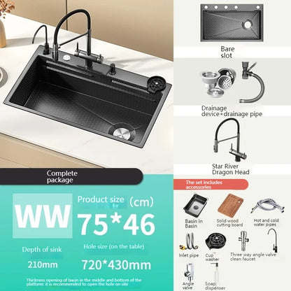 Stainless Steel Kitchen Sink With Waterfall Nano Embossed Large Single Slot Vegetable and Dishwashing Sinks Udermount Basin