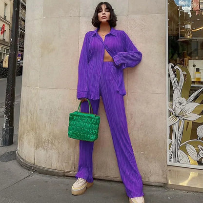 2024 Spring Autumn Women's New Solid Color Button Shirt Long Sleeve Drop Feel Loose Soft Wrinkle Casual Two Piece Set