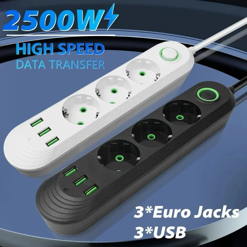 EU-Stecker, 2500 W, Steckdosenleiste mit 3 USB-Anschlüssen, Verlängerungskabel, Steckdose, Verlängerungskabel, runder Stift, AC-Steckdose, elektrischer Ladeadapter.