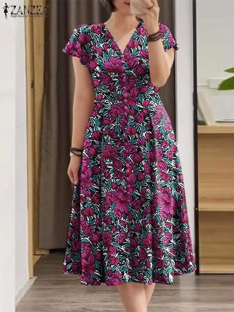 ZANZEA Elegante Frauen Floral Print Midi Kleid Sommer 2025, Casual Rüschen Kurzarm V-ausschnitt Vestidos Mode Cinched Taille Roben