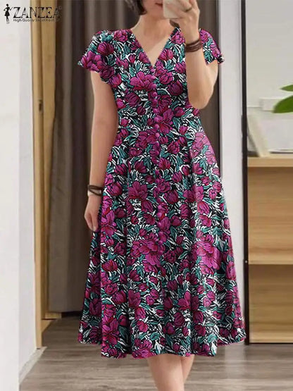 ZANZEA Elegante Frauen Floral Print Midi Kleid Sommer 2025, Casual Rüschen Kurzarm V-ausschnitt Vestidos Mode Cinched Taille Roben