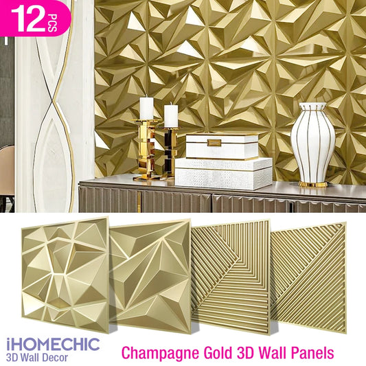 12pcs 30x30cm Champagne gold color 3D Wall Panel Shining Gold 3D Wall Sticker Wedding party background wall art Wood grain paper